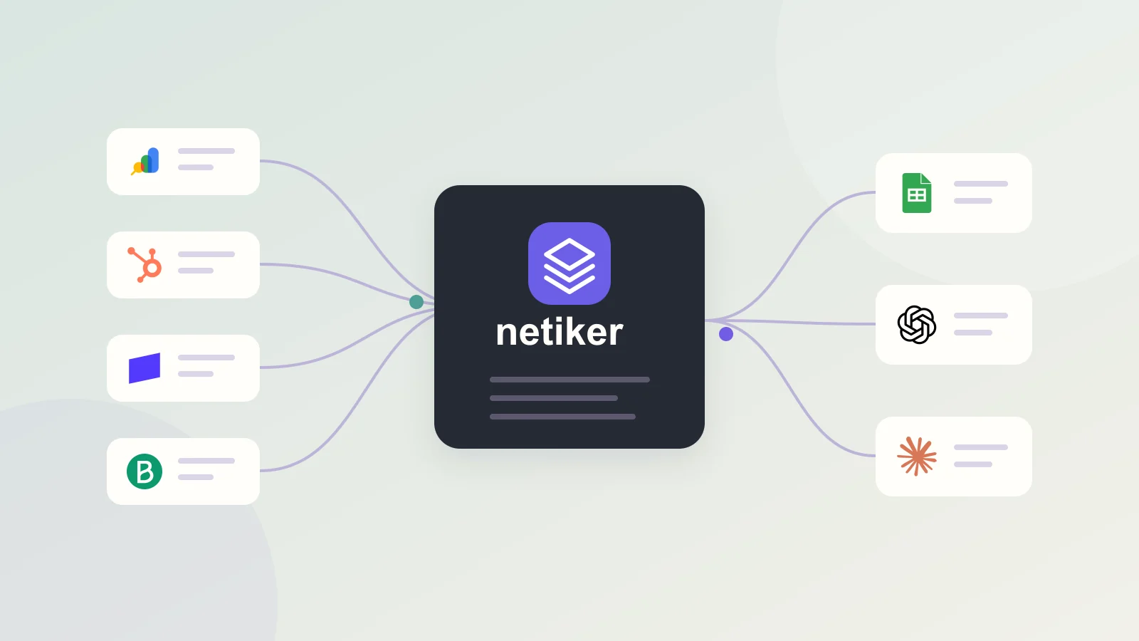 Illustrative data pipeline connecting source reports, a shared data workspace and export destinations.
